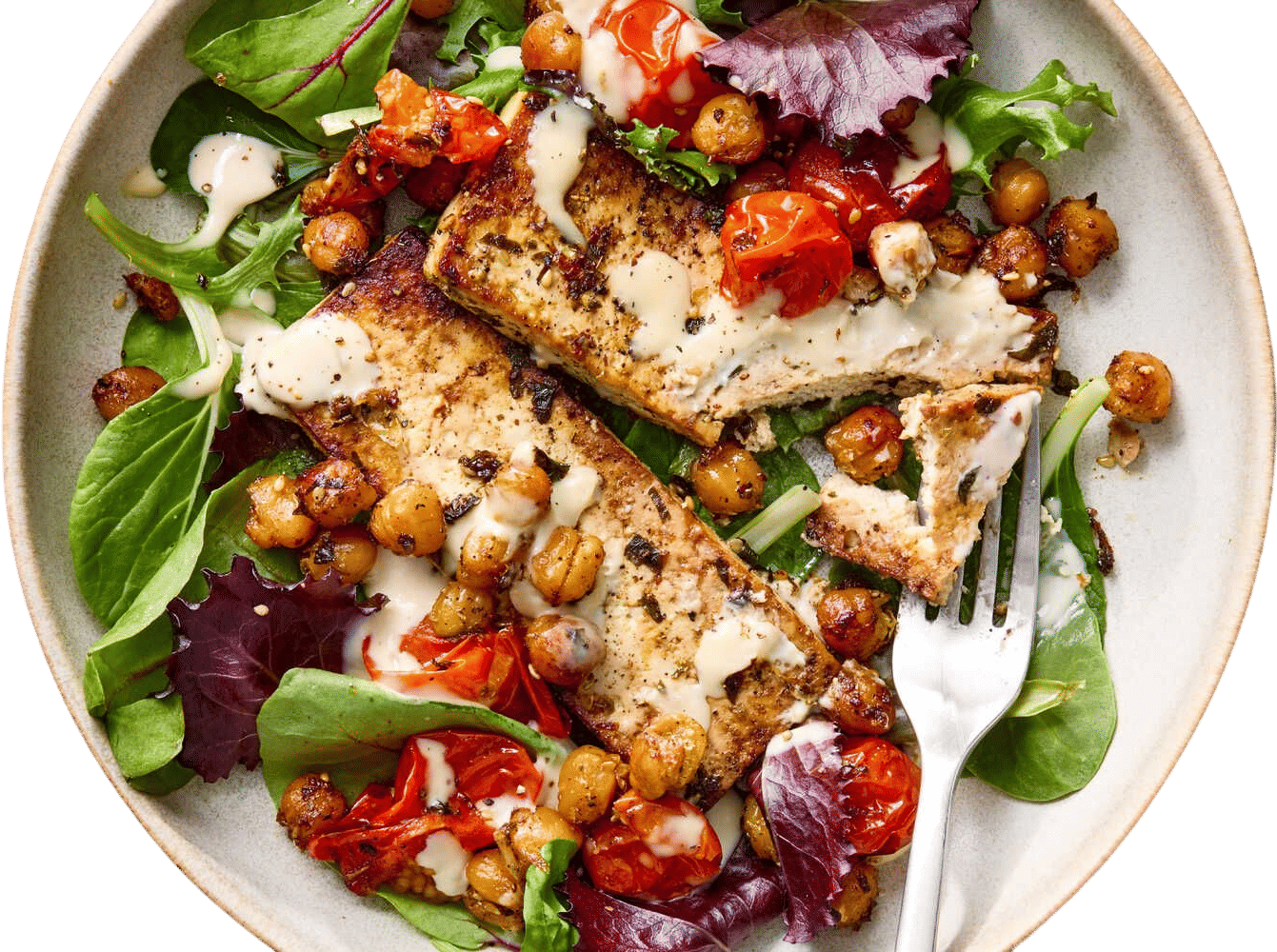 Za’atar Roasted Tofu With Chickpeas, Tomatoes and Lemony Tahini