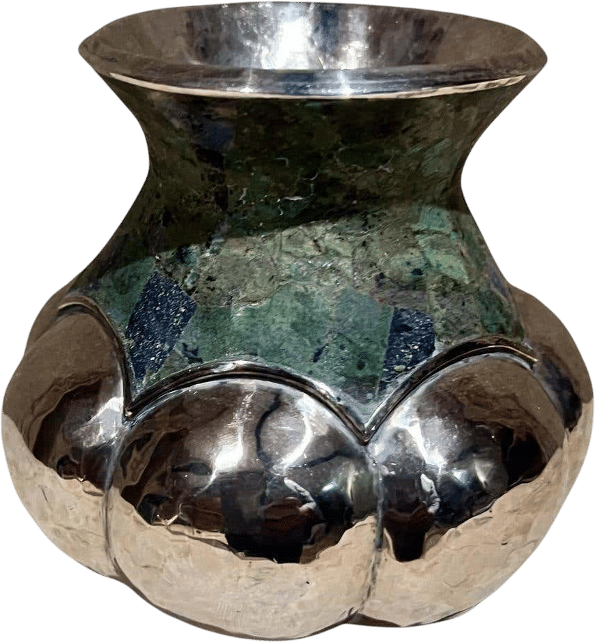 1960s Los Castillo Silver Turquoise Vase Taxco Mexico Mosaico Azteca
