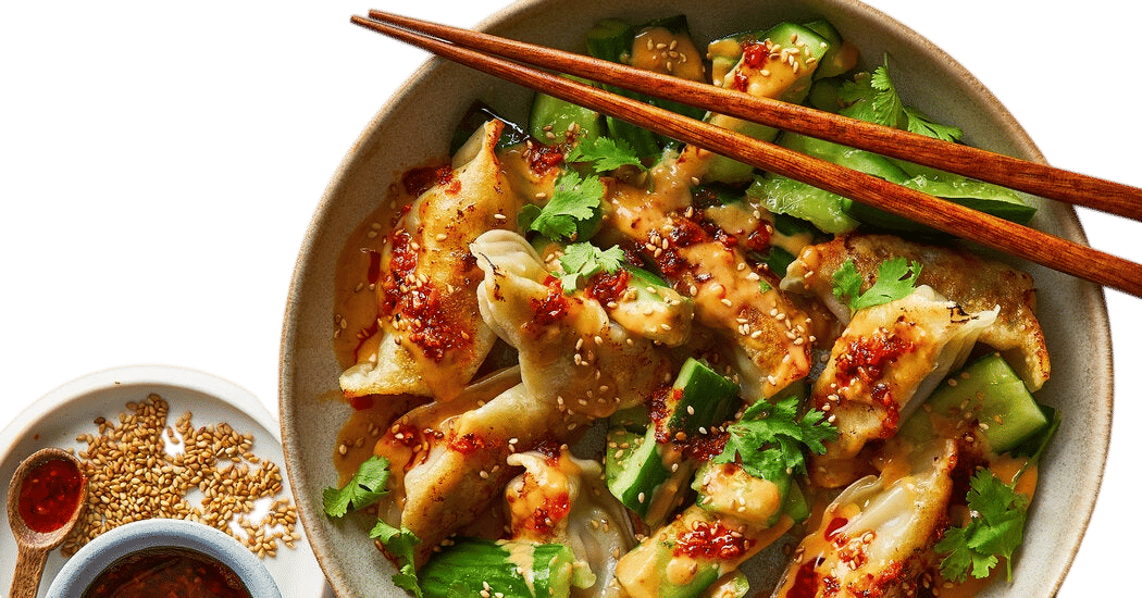 Dumpling and Smashed Cucumber Salad With Peanut Sauce