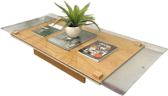 X-LARGE HAND CRAFTED MINIMALIST WHITE OAK GLASS COFFEE TABLE (DELIVERY)