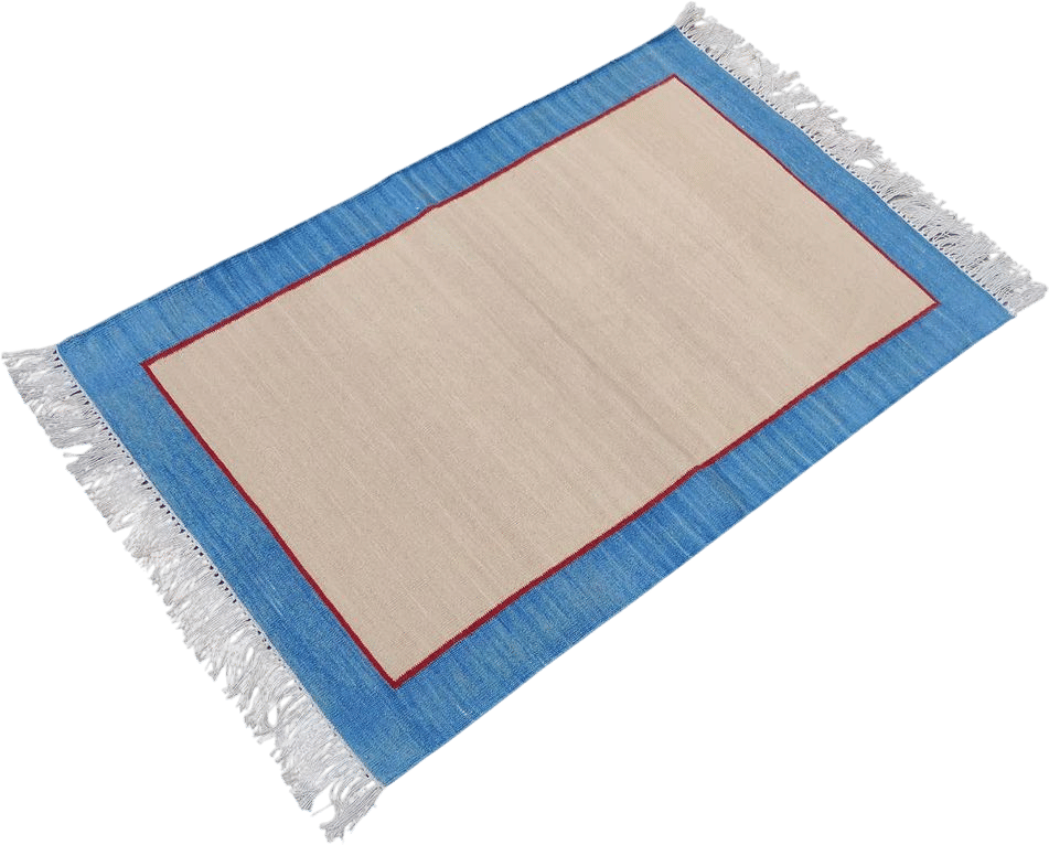 Handmade Cotton Area Flat Weave Rug, 2x3 Beige And Blue Bordered Indian Dhurrie