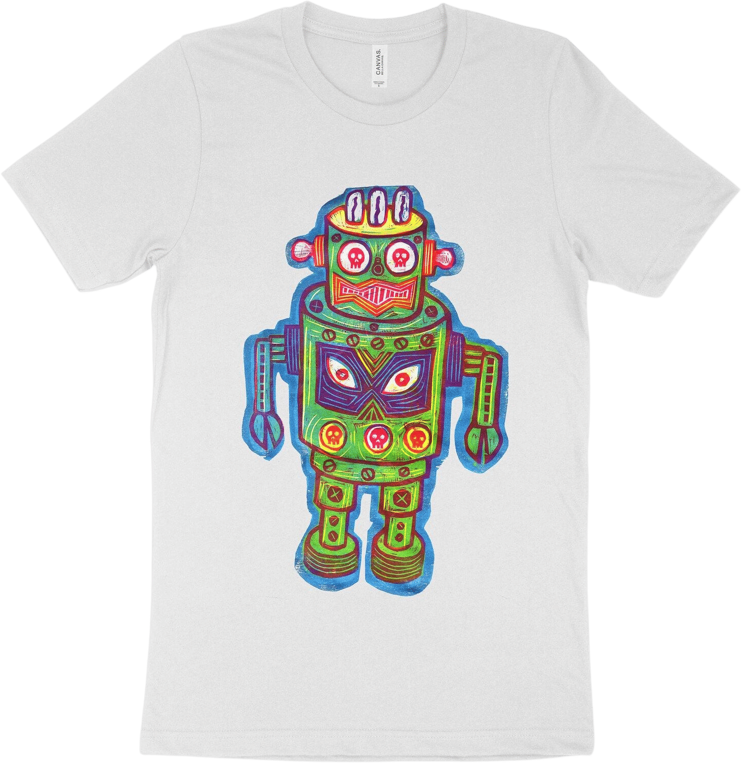Color Robot Woodcut Multicolor Handprinted T-Shirt