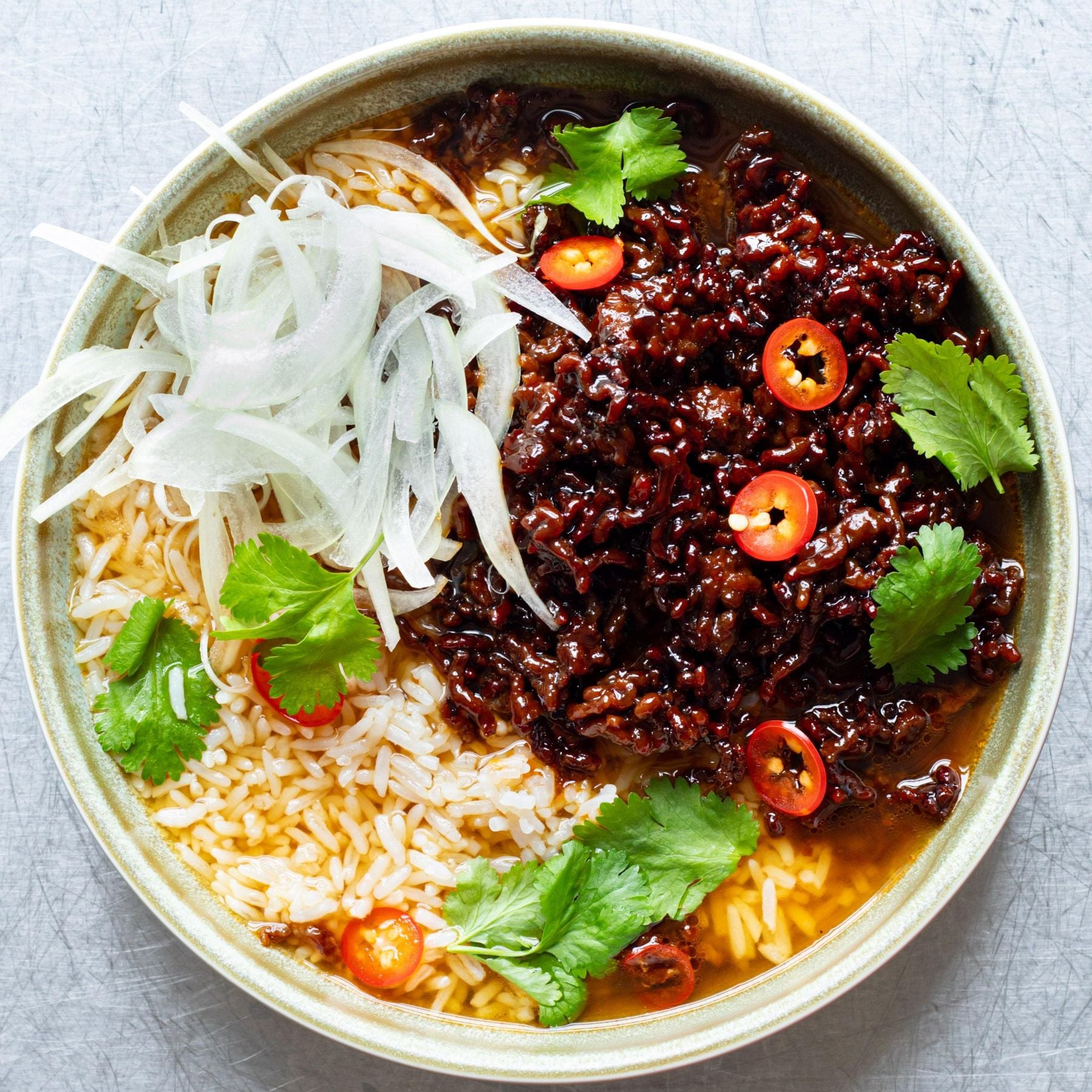 Mob's sticky beef mince brothy rice but vegan