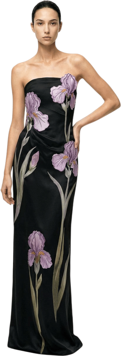 Iris Floral-Appliqué Strapless Maxi Dress