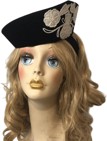 Vintage 1930s 1940s Black Fabric Tilt Hat With Ivory Appliqué