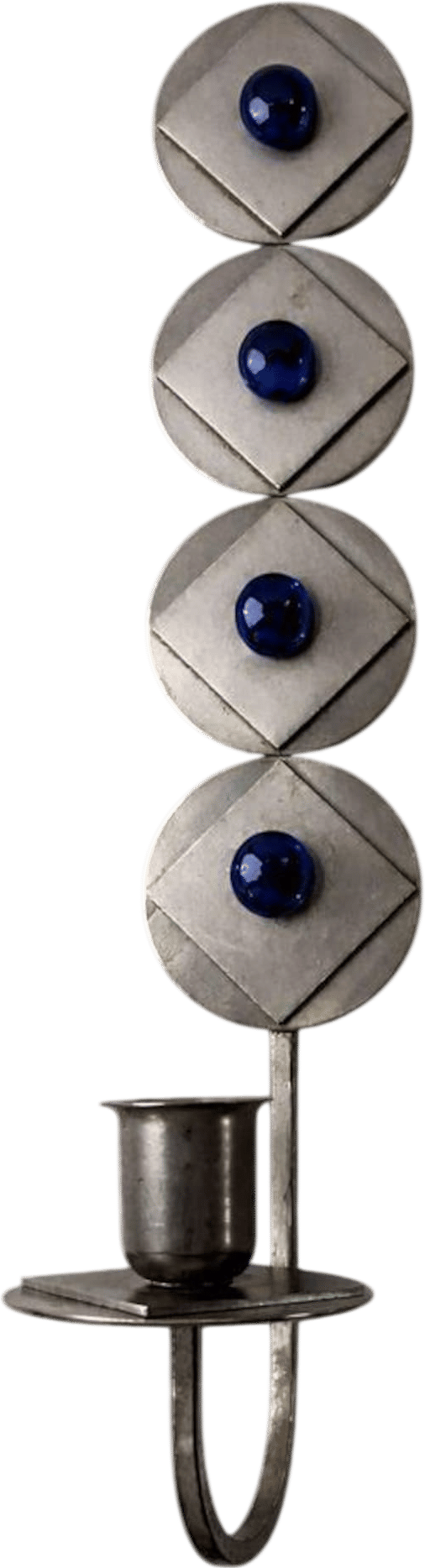 Wall hanging Rare Scandinavian Brutalist / Industrial Wall Candle Holder with Blue Glass Cabochons – Sweden c.1960