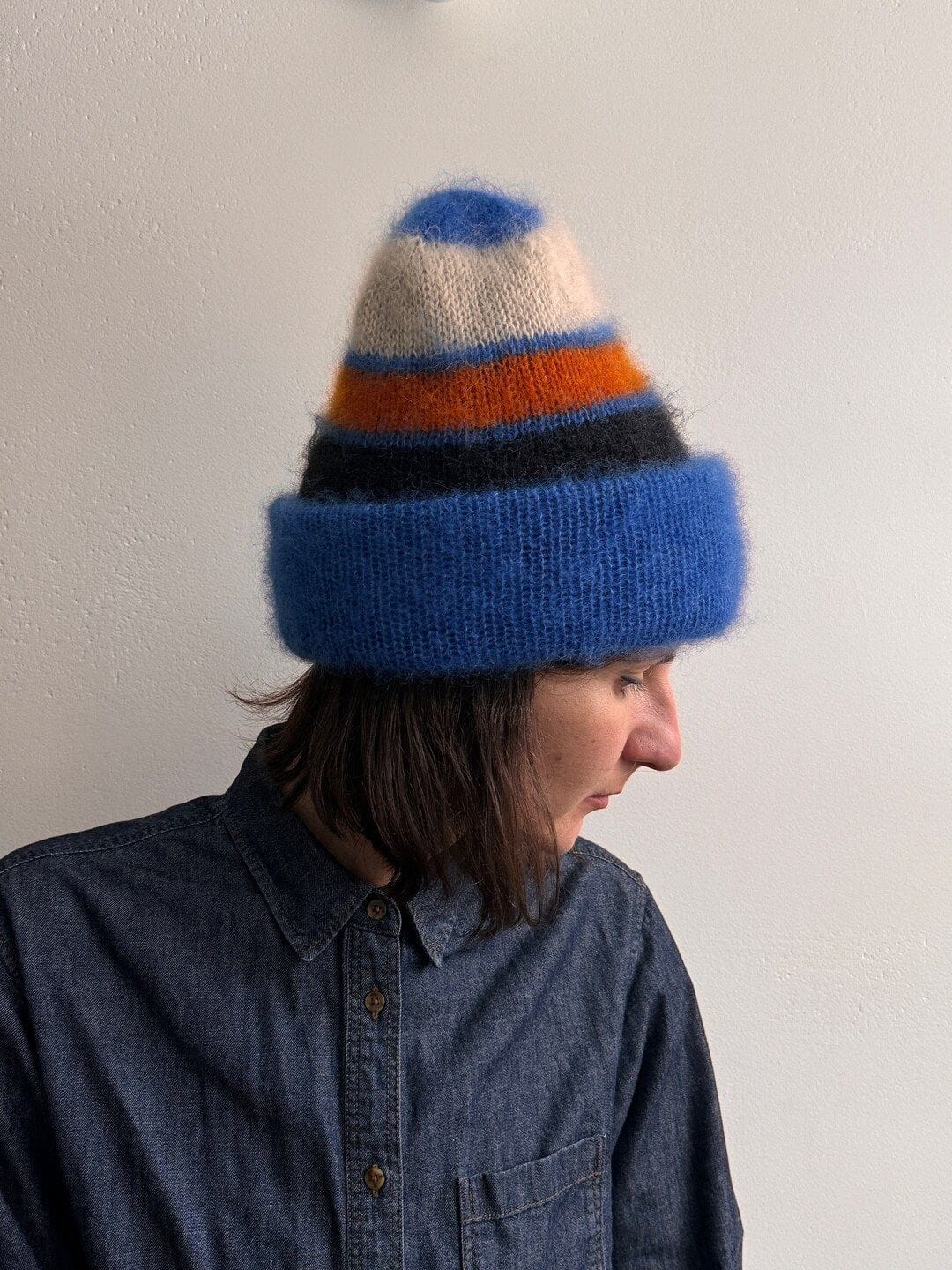 Fluffy Mohair Silk Hat - Blue Orange Black Ecru Stripes