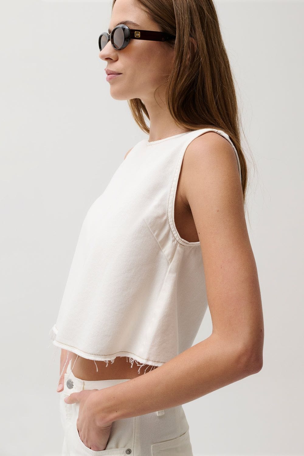 Denim Cropped Swing Shirt in Off White