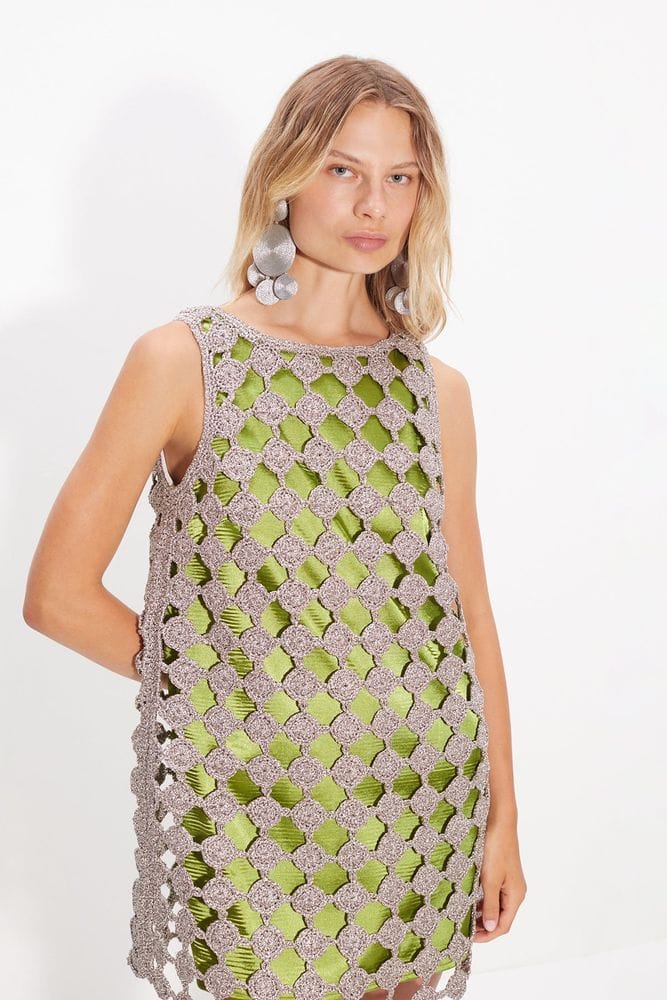 Sina Crochet Mini Dress In Moss/Satellite Silver
