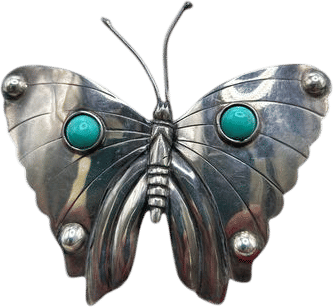 Vintage sterling silver butterfly brooch with turquoise cabochons
