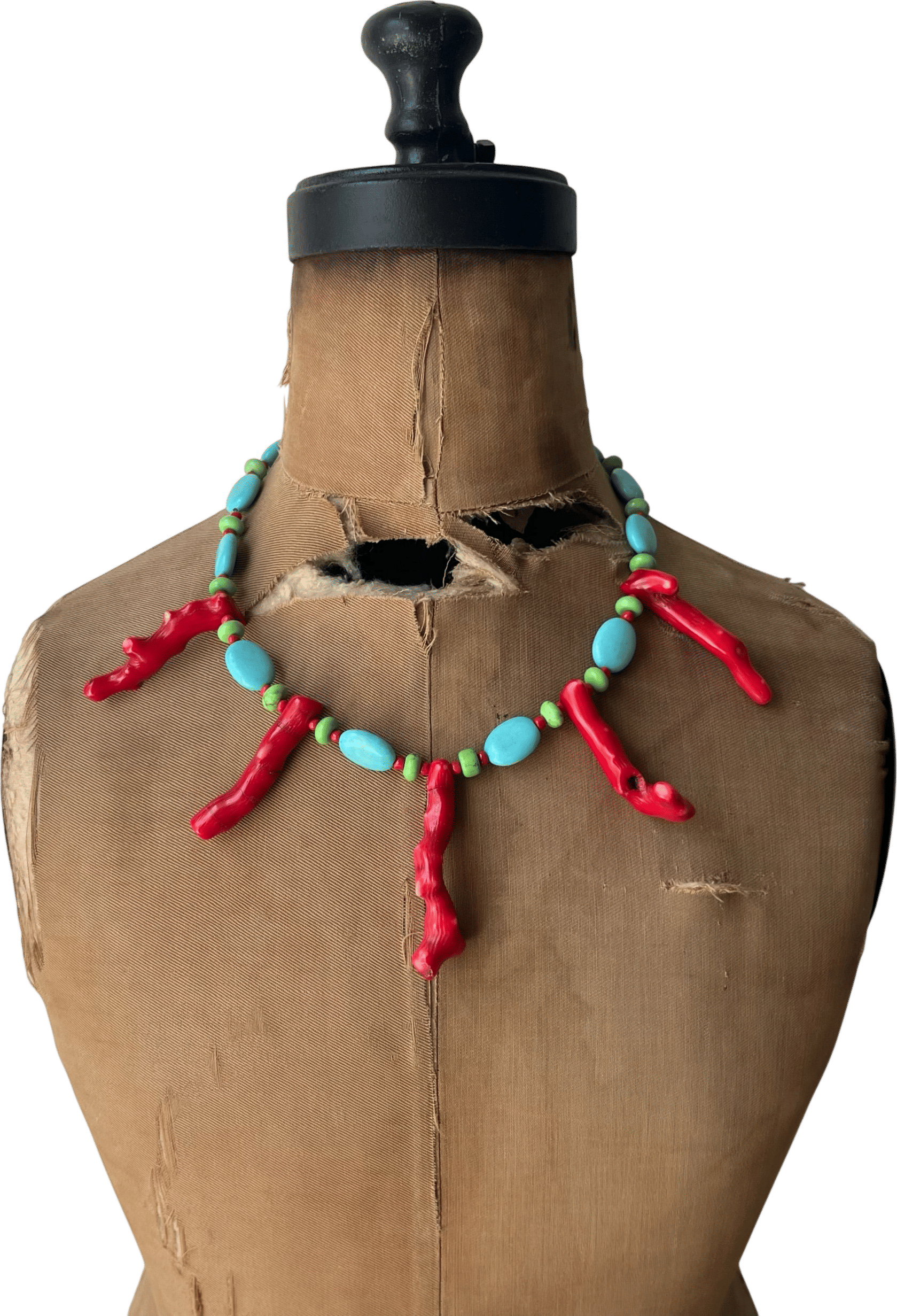 Vintage Sterling Silver Coral Branch, Turquoise, and Natural Green Stone Beaded Necklace
