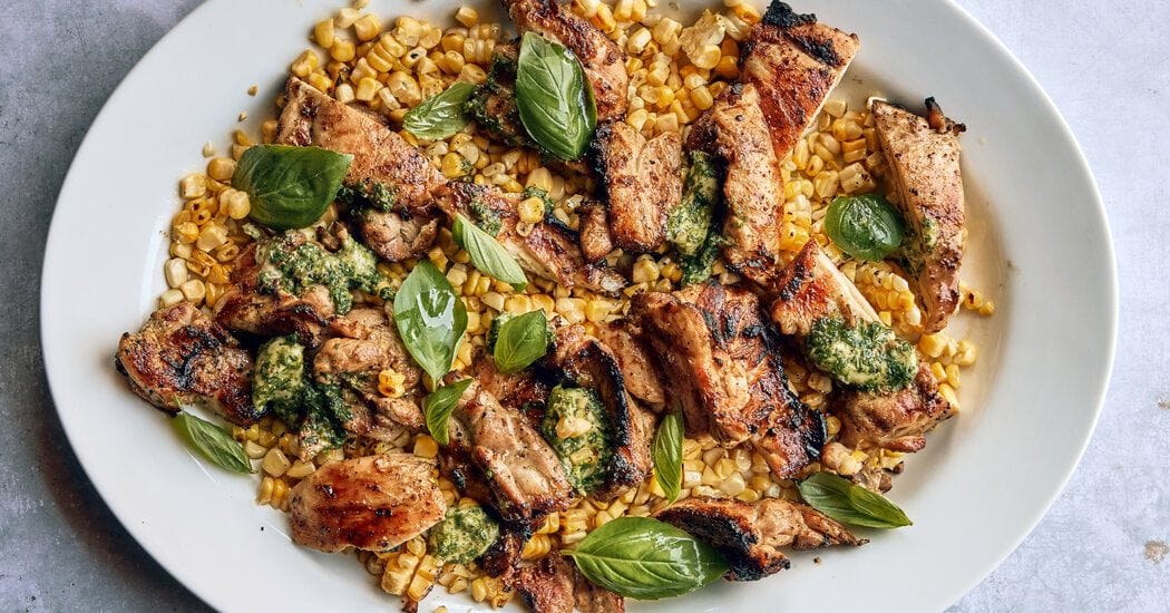 Grilled Chicken Thighs and Corn with Lime Basil Butter