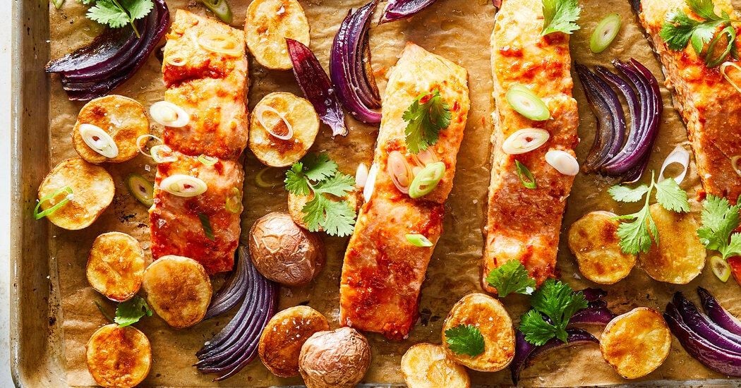 Sheet-Pan Harissa Salmon With Potatoes and Citrus Recipe