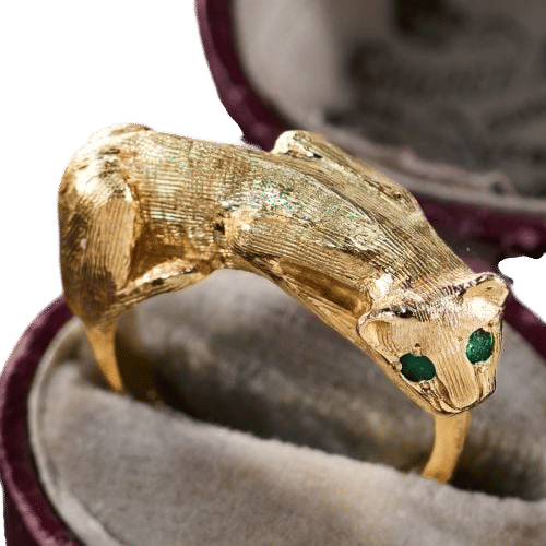 Emerald Eyes Big Cat Ring 14K Yellow Gold