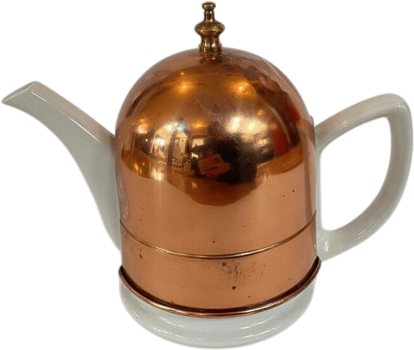 Vintage White Ceramic Teapot with Copper Cozy Cover