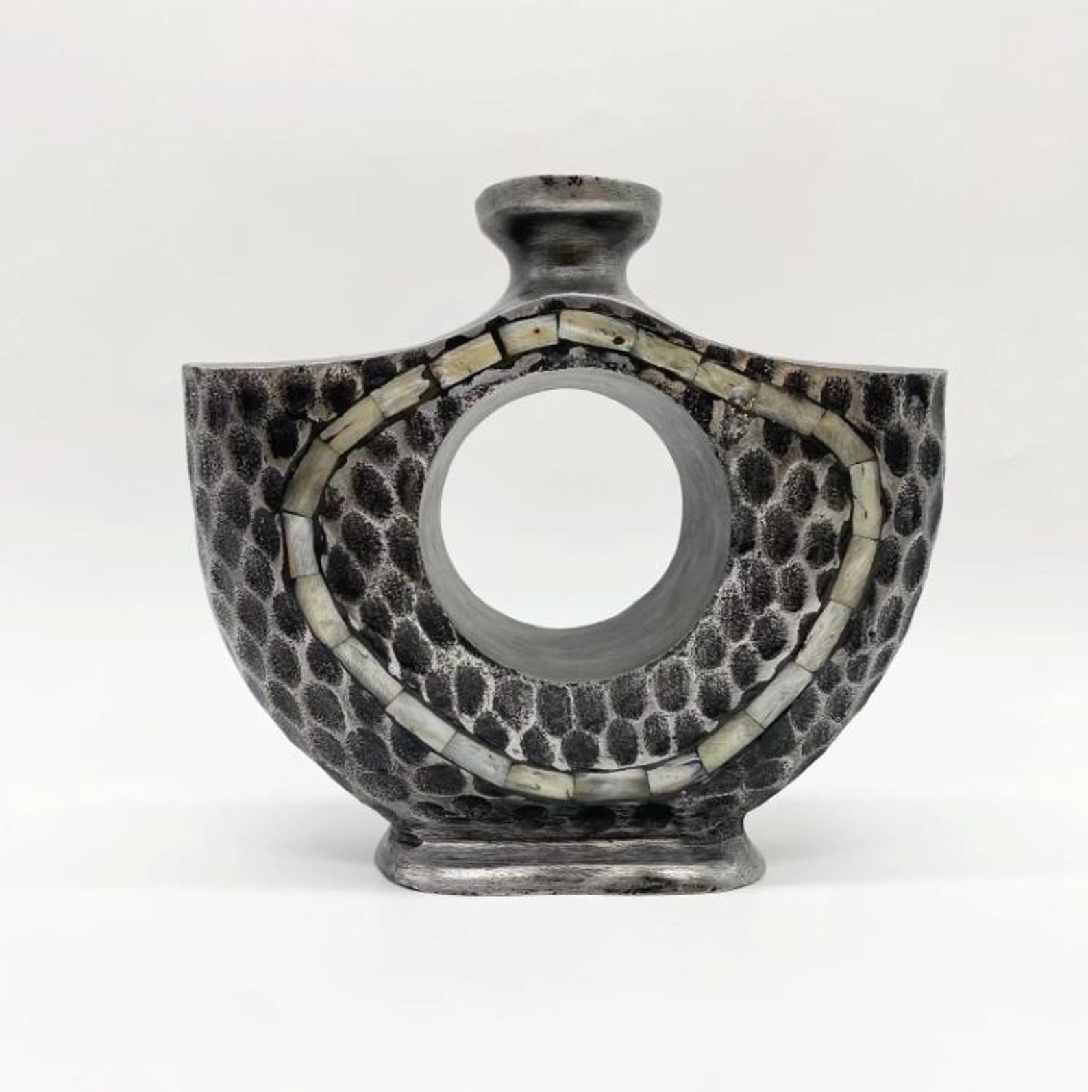 Vintage 1980s Hammered Mother-of-Pearl Cast Aluminum Vase