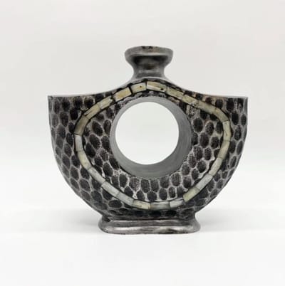 Vintage 1980s Hammered Mother-of-Pearl Cast Aluminum Vase