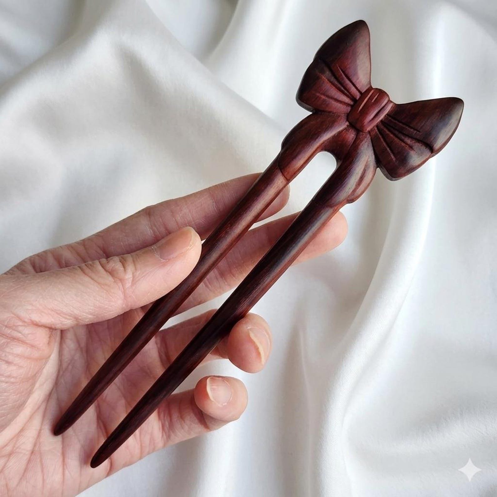 Hand-Carved Wooden Bow U Pin - Dark Sandalwood