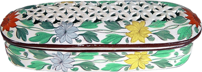 Antique Bristol Pearlware Covered Botanical Tooth Brush Holder Box