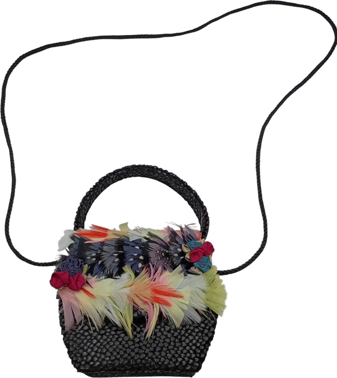 Vtg Silk Feather Rosette Woven Cocktail Handbag
