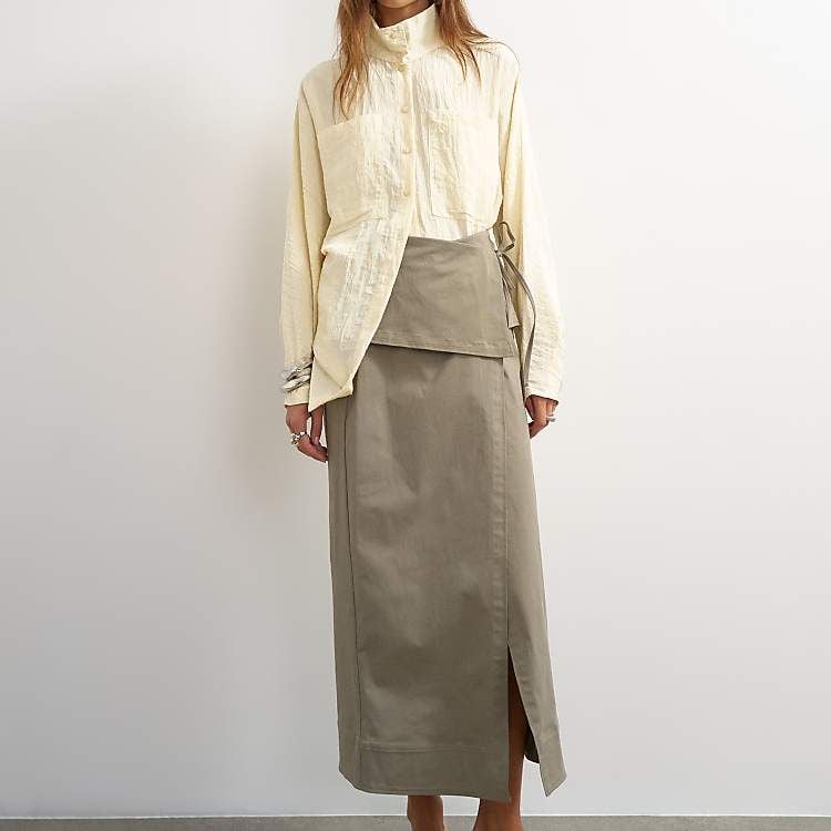 Topshop Twill Wrap Tie Maxi Skirt in Charcoal Gray