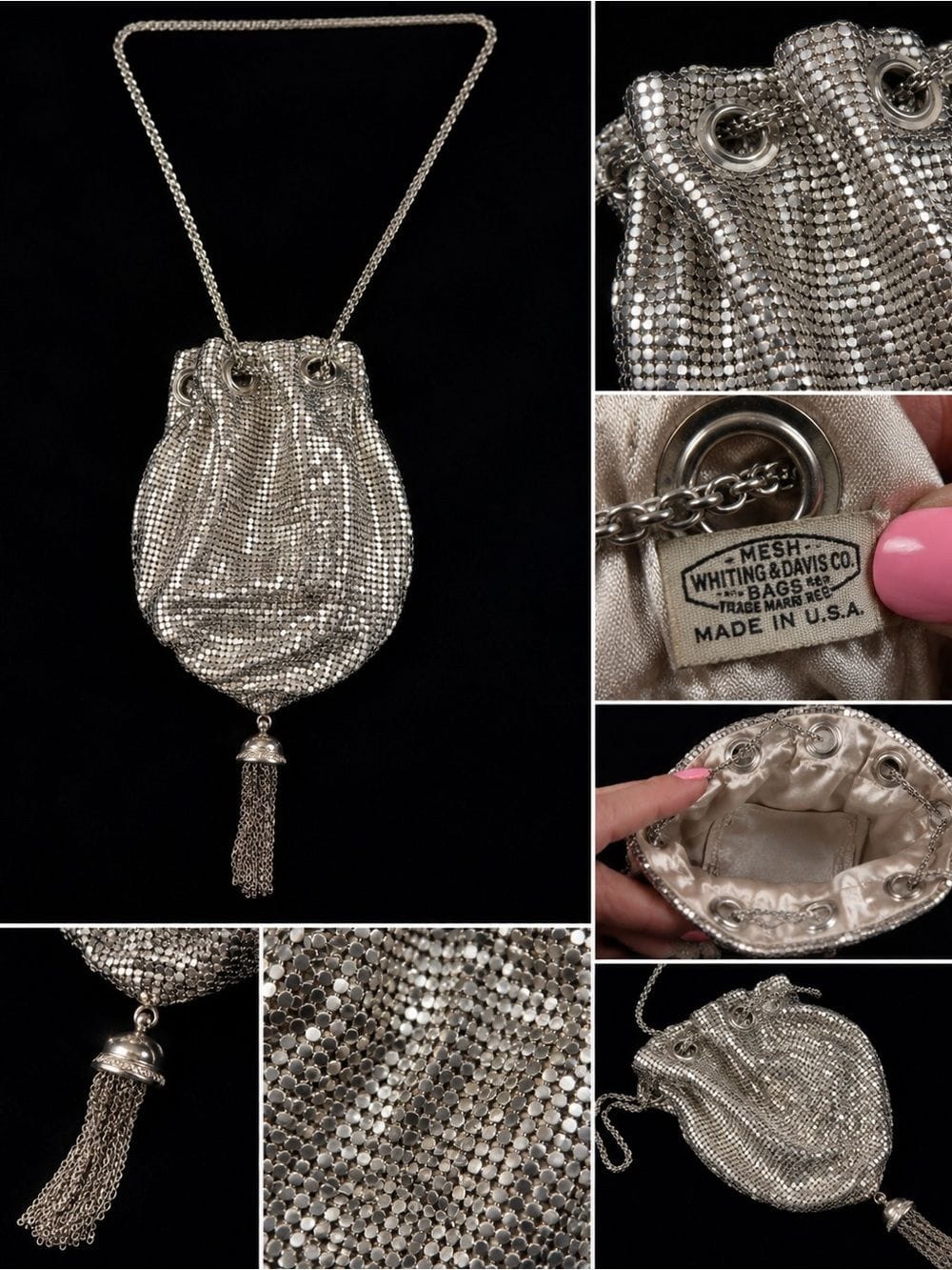 Whiting & Davis Vintage Silver Mesh Tassel Evening Bag