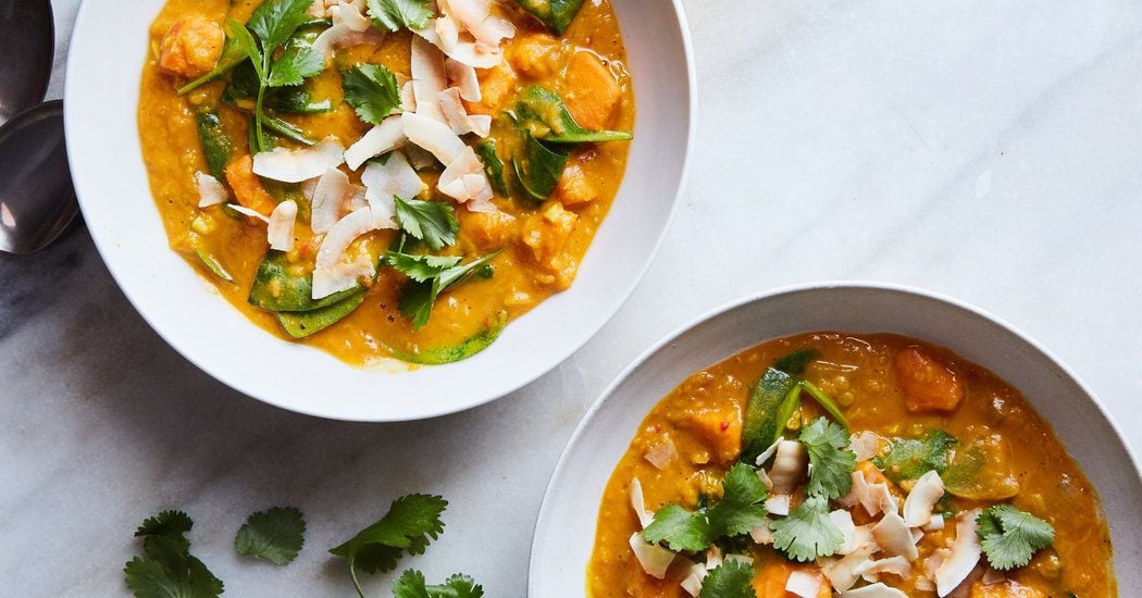 Red Curry Lentils With Sweet Potatoes and Spinach Recipe