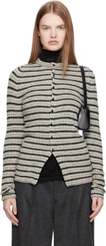 AURALEE - Gray Shetland Wool Cashmere Rib Knit Crew-Neck Cardigan