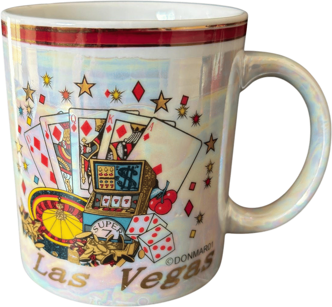 Vintage Las Vegas Souvenir Coffee Mug – Iridescent Casino Design – Gold Trim