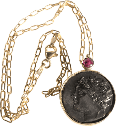 Ruby Cabochon and Ancient Coin Necklace