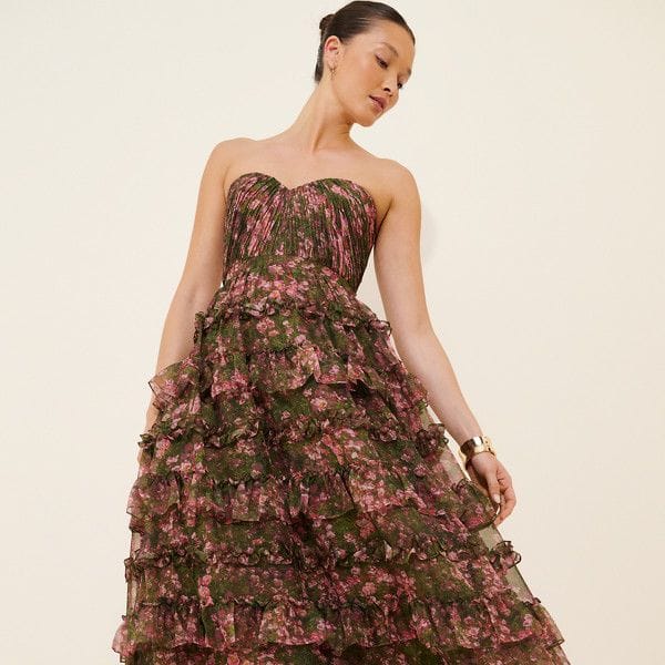 Strapless Floral Chiffon Dress