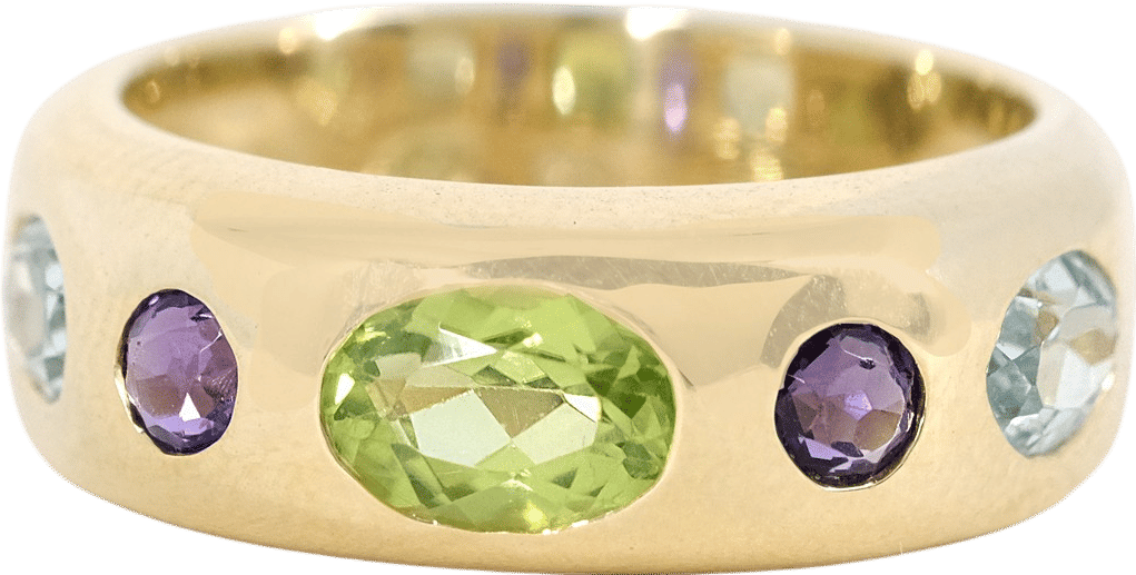 Amethyst, peridot, and aquamarine wide band ring by Spur