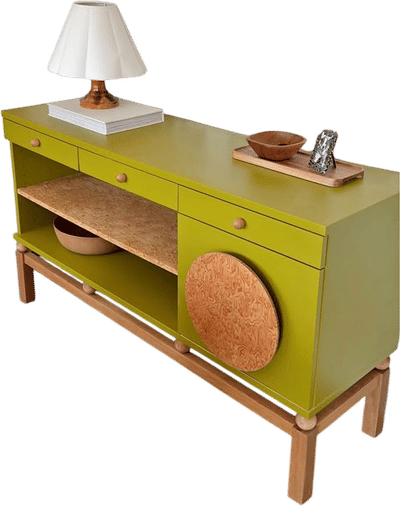 Green Credenza with Circular Wood Panel