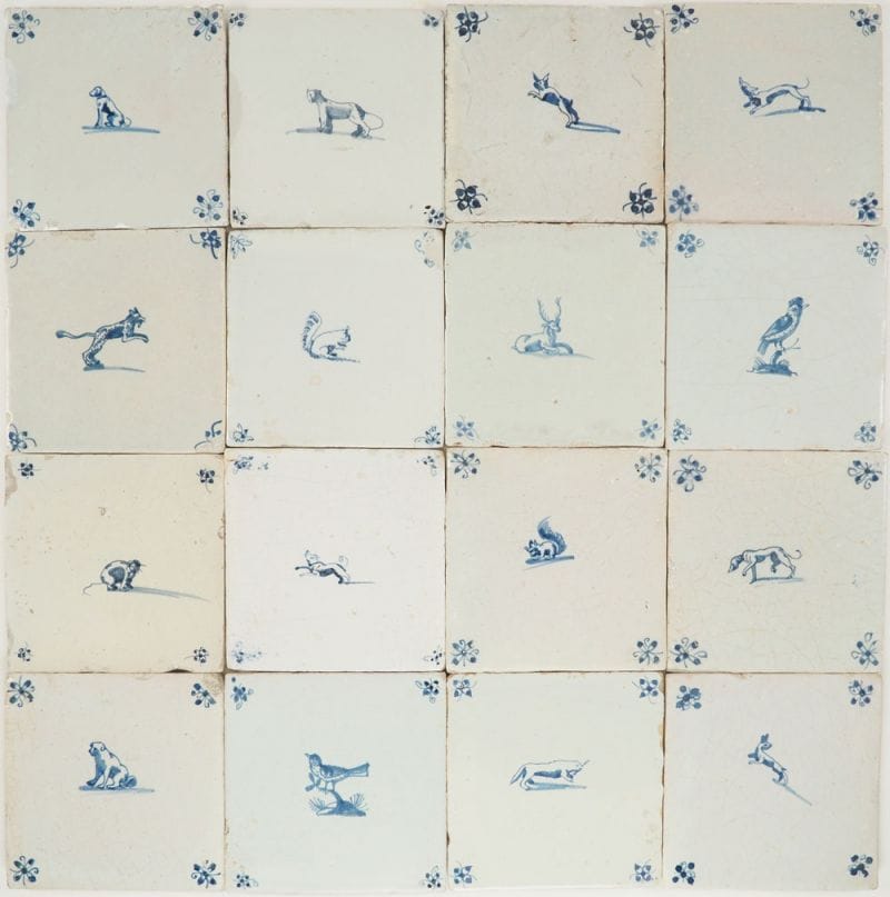 Antique Delft wall tiles with animals, 17th century