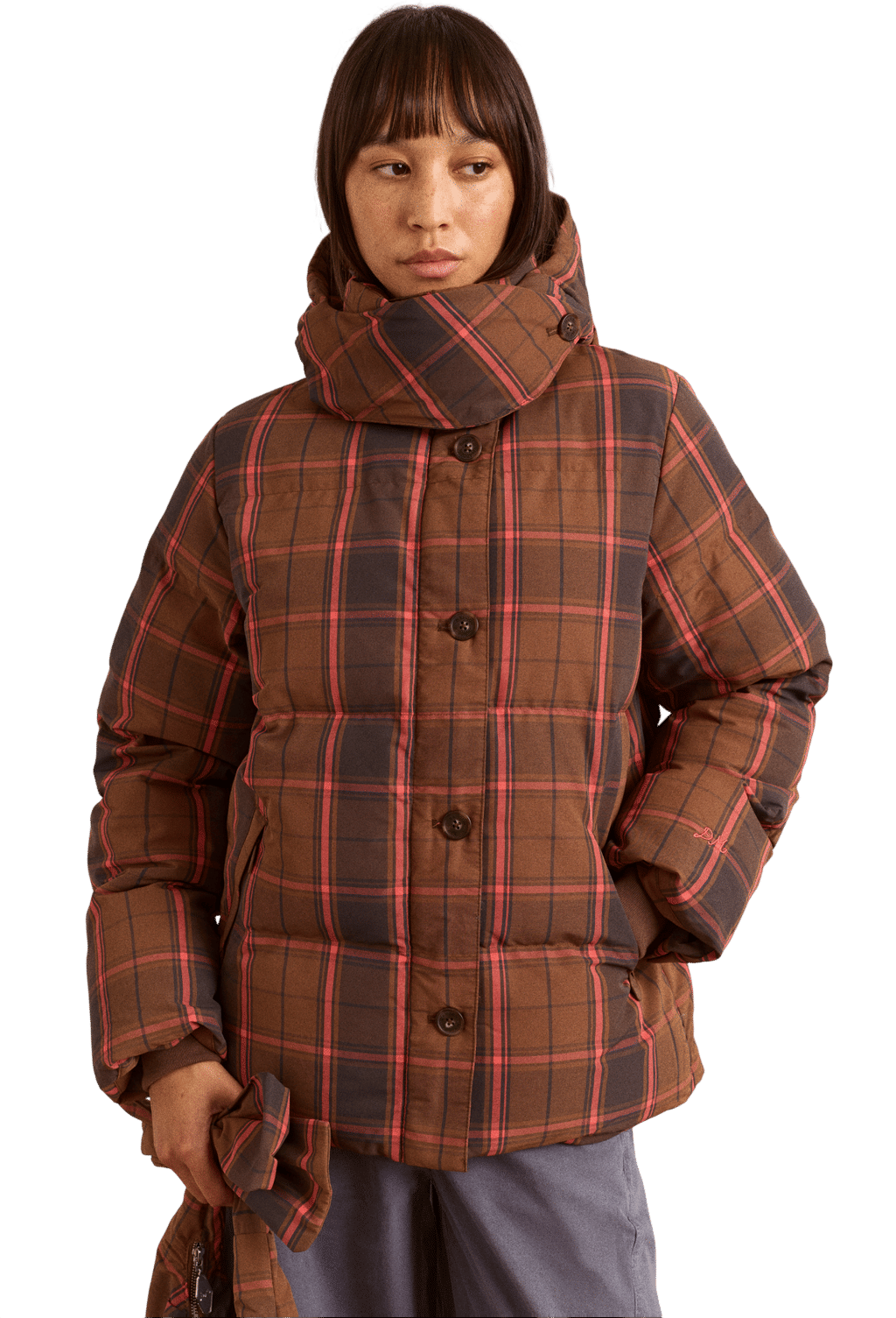 Damson Madder Pearl Hooded Puffer - Toffee Check