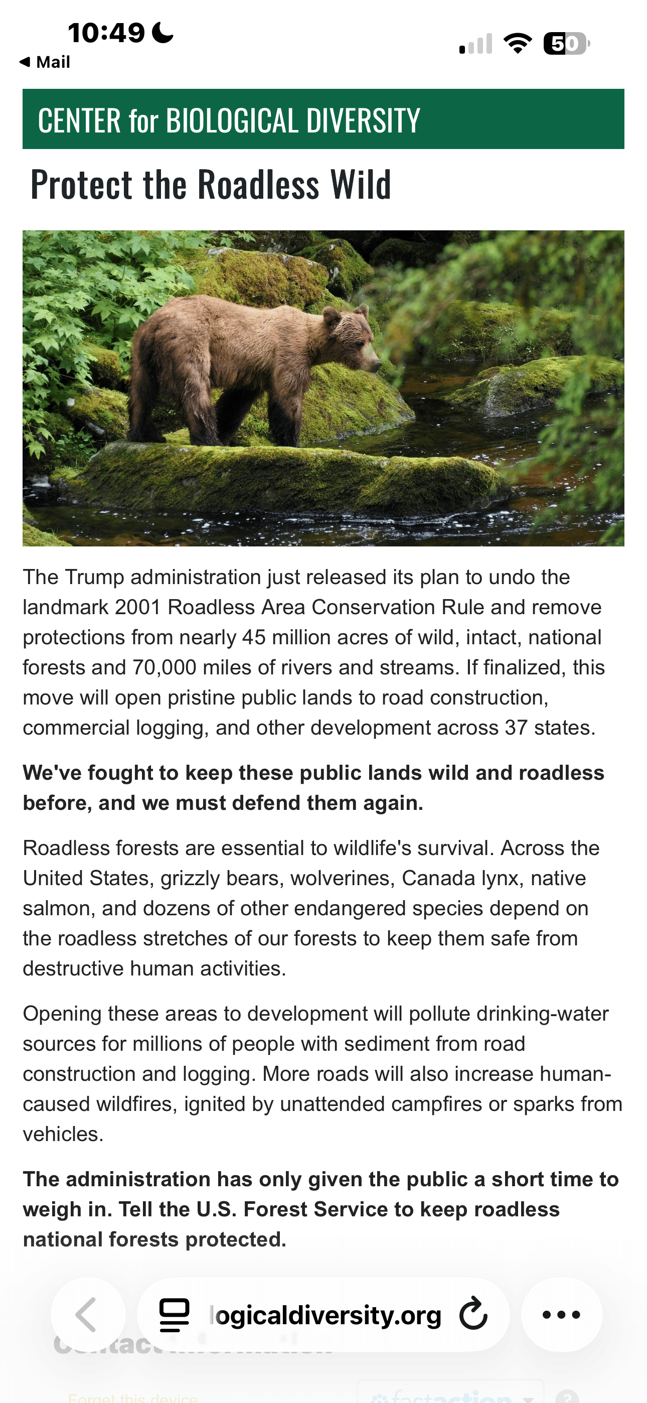 Center for Biological Diversity- Roadless Rule Action