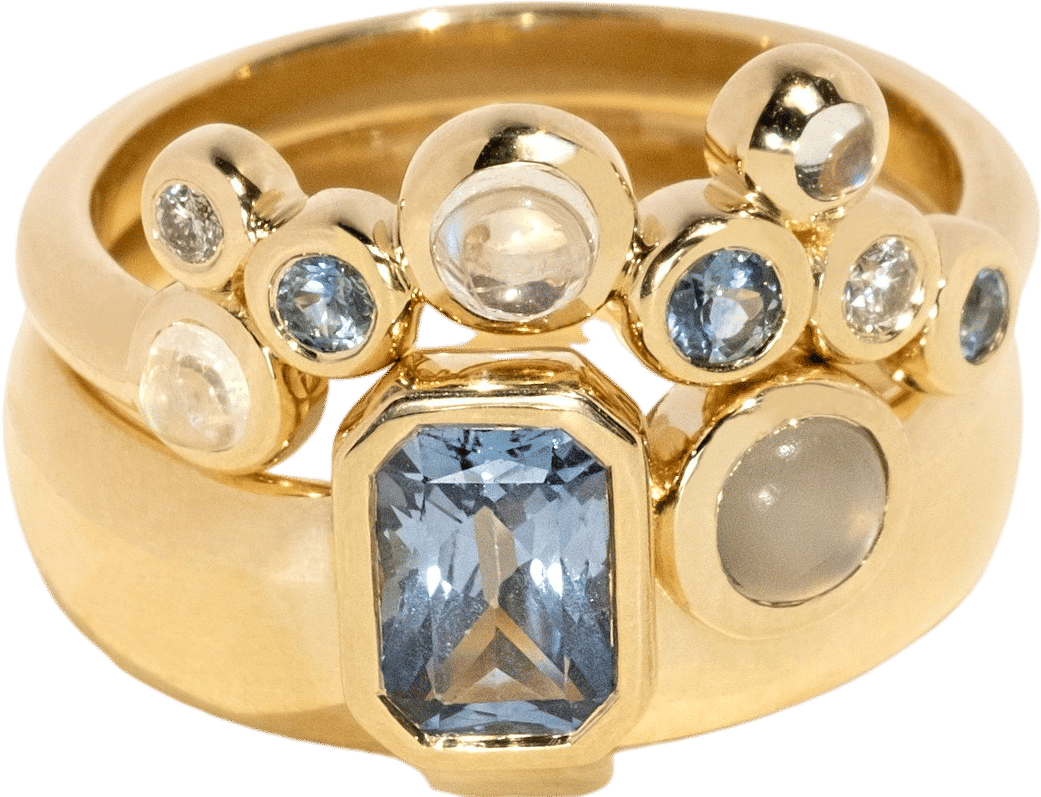 Sapphire, Moonstone and Diamond Engagement Ring and Wedding Band Set