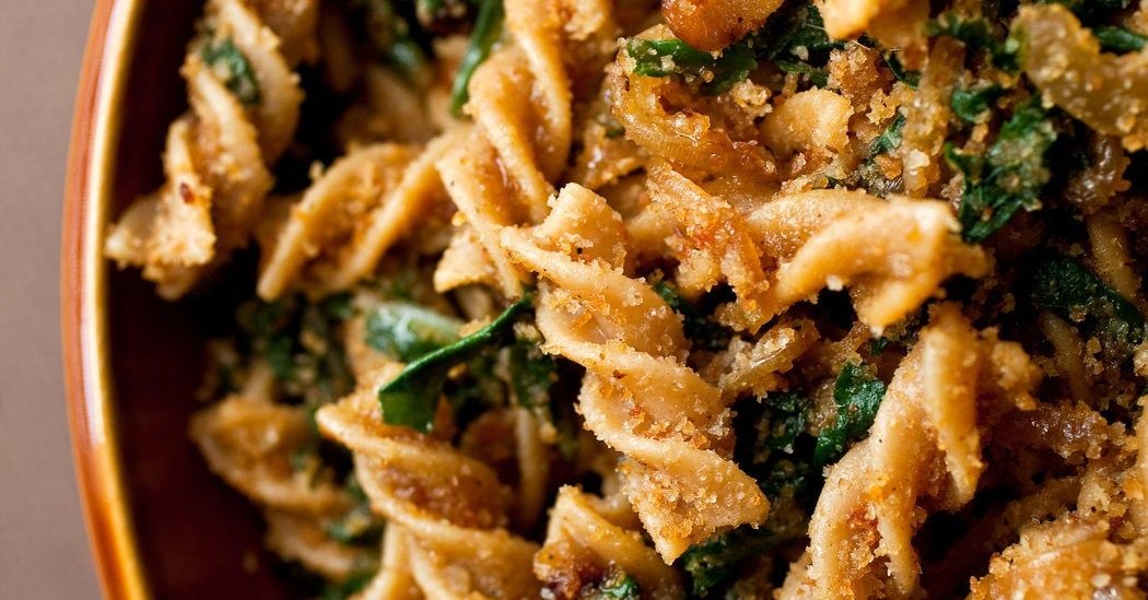 Pasta With Caramelized Onion, Swiss Chard and Garlicky Bread Crumbs Recipe