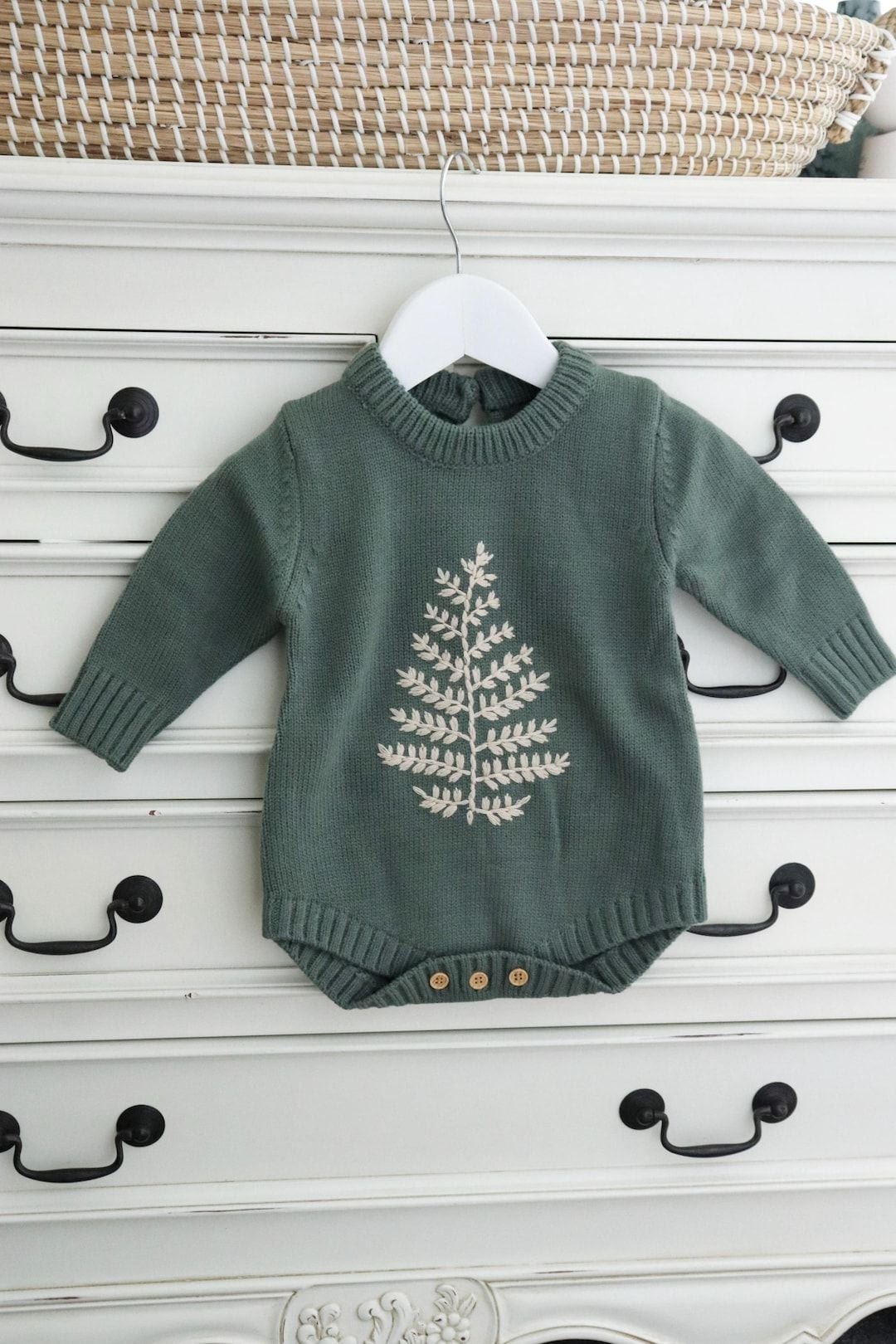 Warm Baby Knit Romper With Fern Embroidery