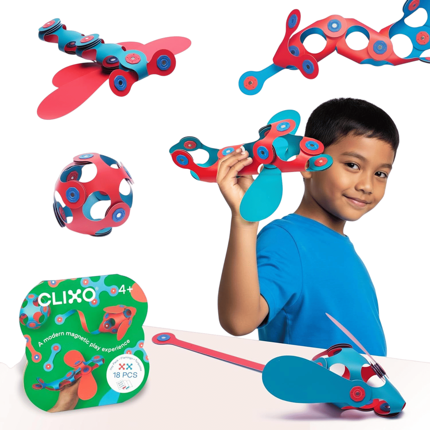 Clixo Itsy Pack, Travel STEM Magnetic Toys (18 Pc, 4+, Flamingo/Turquoise)