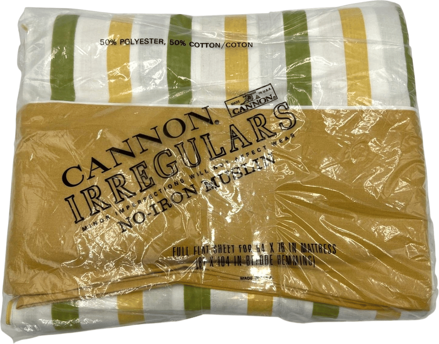 Vintage 1970s Cannon Full Flat Sheet Green Gold Yellow Stripes