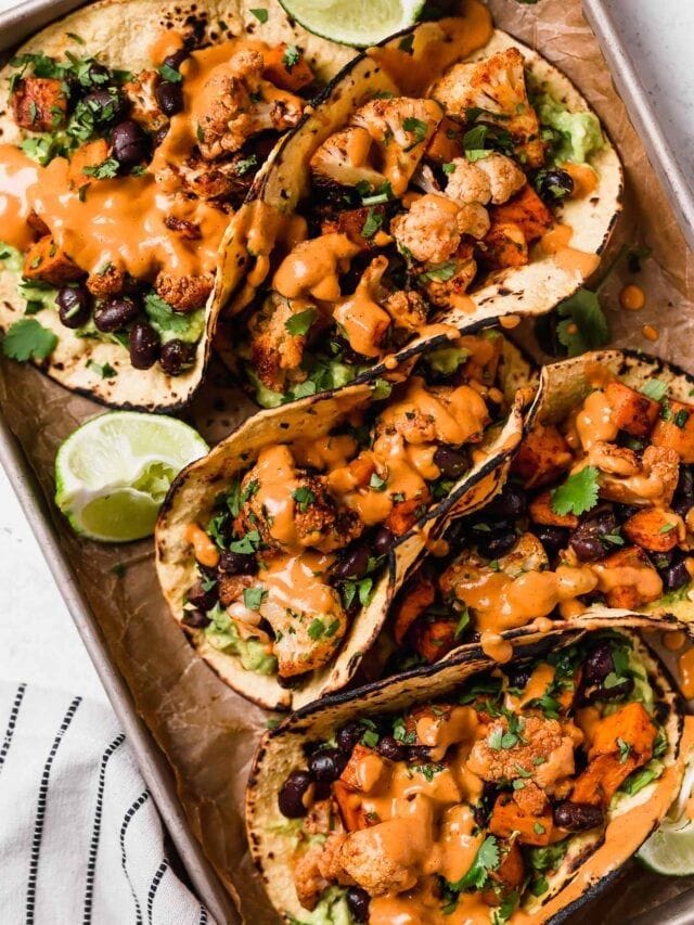 Roasted Sweet Potato & Cauliflower Tacos with Cashew Crema Recipe
