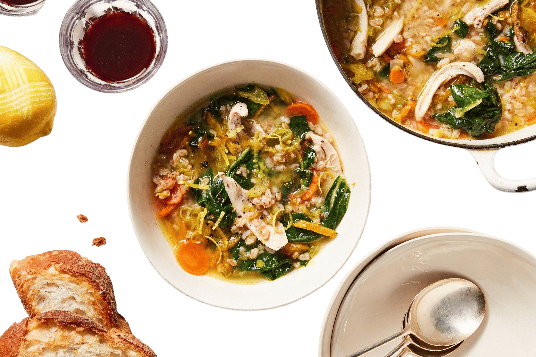 chicken soup with toasted farro and greens