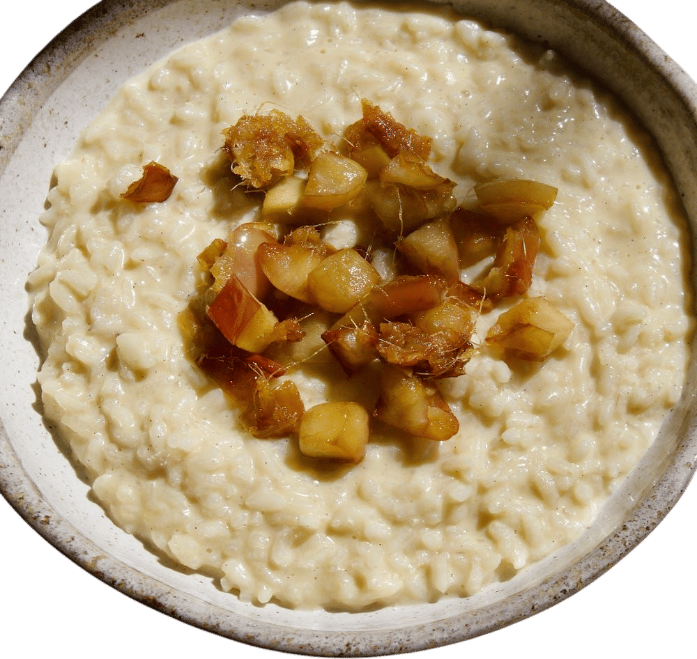 Glossy Vanilla Rice Pudding with Caramelised Ginger Apples