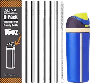 ALINK Stainless Steel Straws for 16oz Owala FreeSip Insulated Water Bottle, 6 Pack Reusable Metal Replacement Straws Compatible With 16oz Owala Freesip Cup Lid Only, Plus Straw Brush, Dishwasher Safe