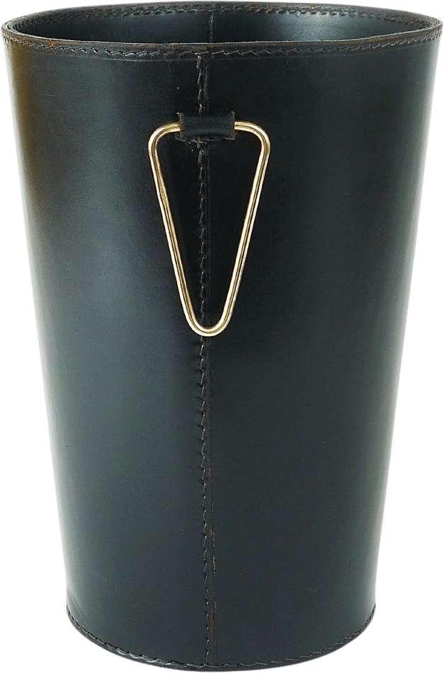 Mid-Century Carl Auböck Black Leather and Brass Wastepaper Basket (1950s)