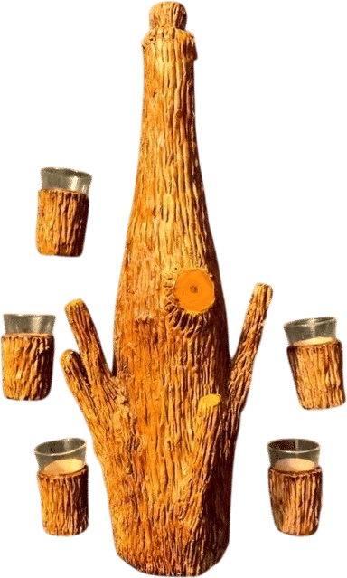 70s Folk Art Log Decanter & Shot Glass Set