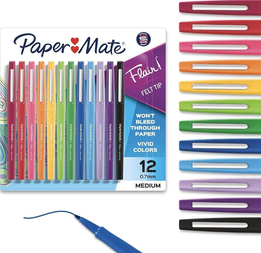 Paper Mate Flair Felt Tip Pens, Medium Point (0.7mm), 12 Count
