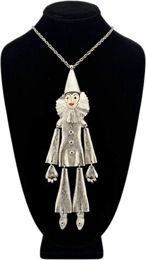 Vintage Polcini Dancing Clown Pierrot Pendant Necklace