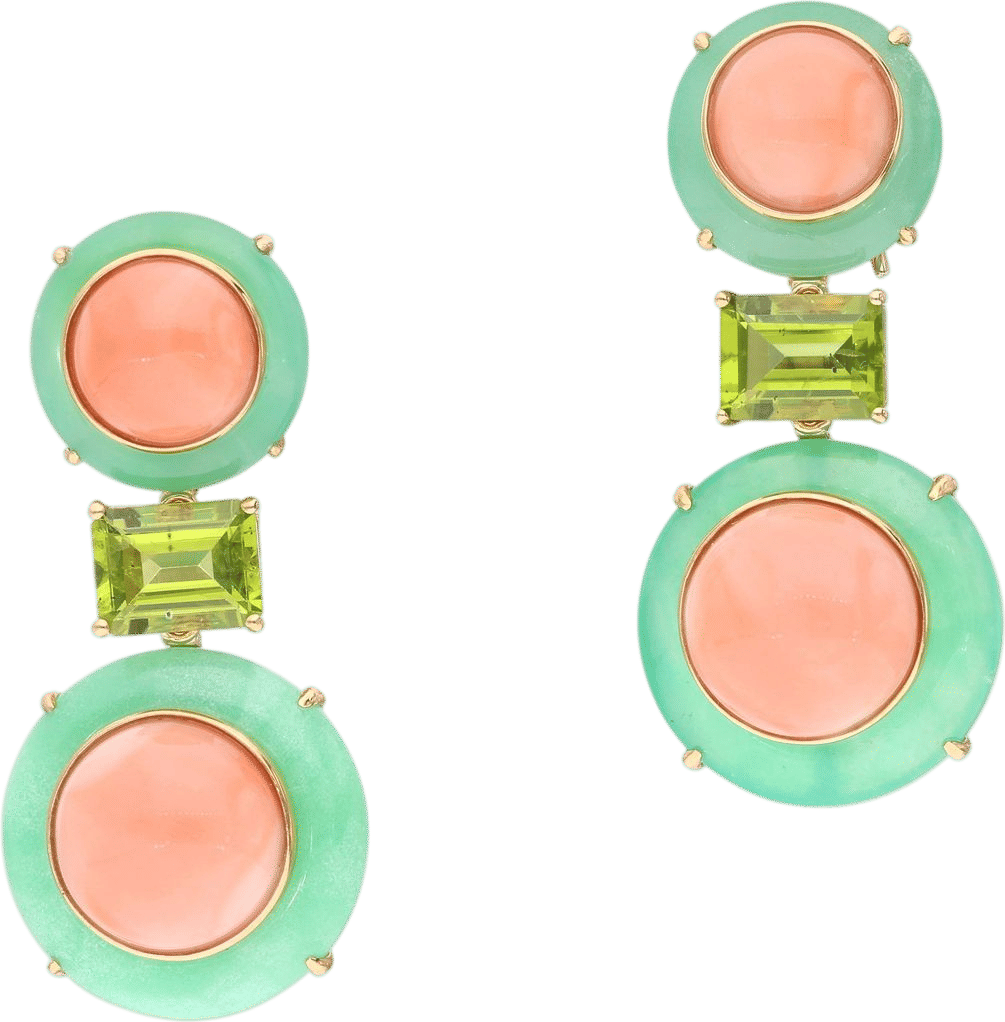 Gold, Chrysoprase, Peridot and Coral Drop Earrings